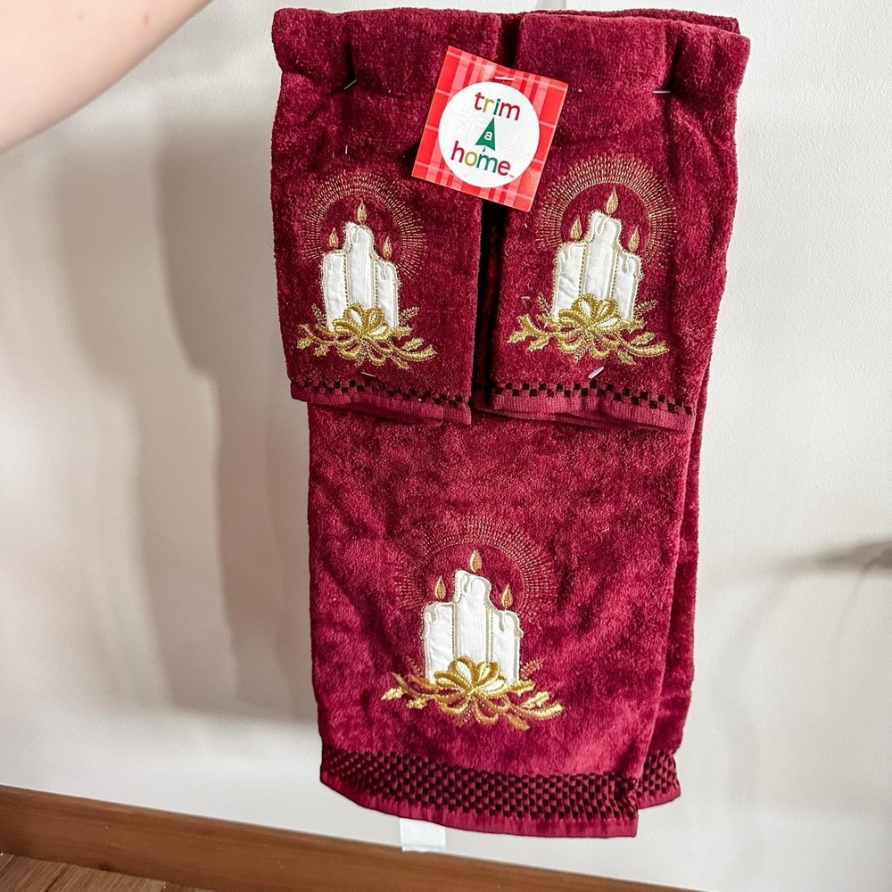 VTG New 90's Christmas‎ Decorative Towel Set Of 3 Burgundy Candles Kmart NOS